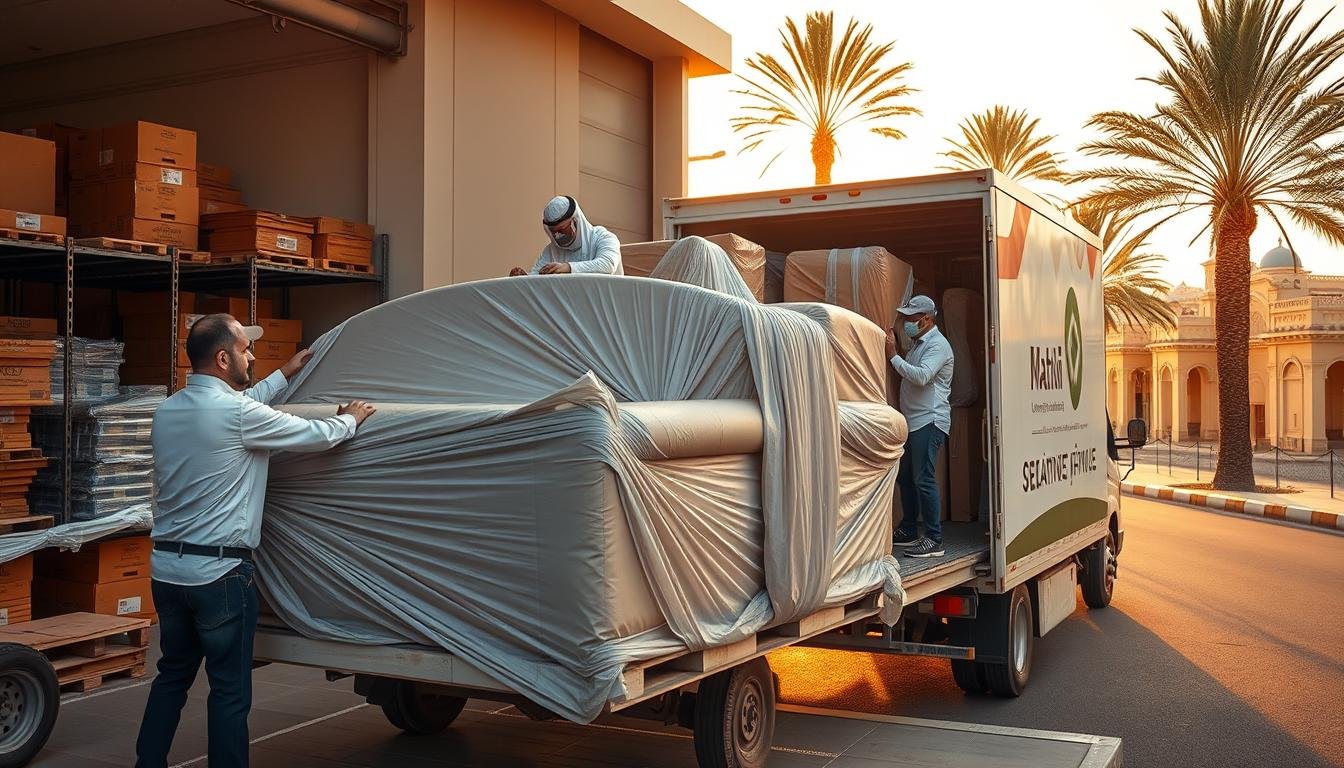 افضل شركة نقل عفش في خميس مشيط A professional home furniture moving company in Khamis Mushait, Saudi Arabia. A large, modern warehouse facility with neatly stacked moving boxes and packing materials. Skilled movers carefully loading a plush leather sofa onto a specialized moving truck. The truck's exterior prominently displays the company's logo and branding. In the background, a bustling street scene with palm trees and traditional architecture, conveying the local atmosphere. Warm, golden afternoon sunlight illuminates the scene, creating a sense of professionalism and reliability. The image should inspire confidence in the company's ability to safely and efficiently relocate valuable household possessions.