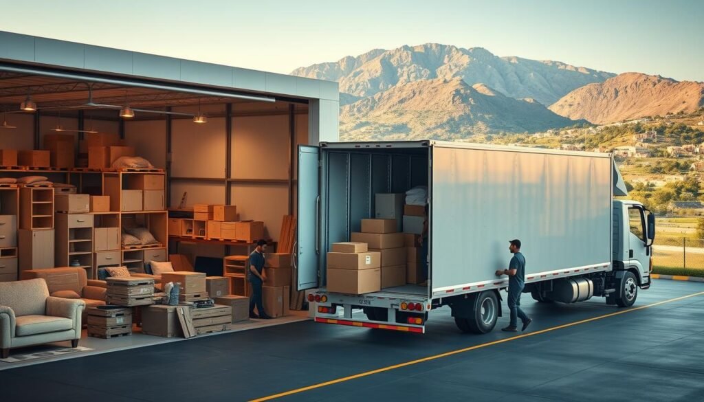 A professional home furniture moving company in Khamis Mushait, showcasing their fleet of well-equipped trucks, experienced team, and secure packing techniques. The image depicts the company's modern warehouse facility, with neatly stacked furniture and a team of movers meticulously loading items onto a large cargo truck. The lighting is warm and inviting, conveying a sense of professionalism and reliability. The background features the lush greenery and scenic landscapes of Khamis Mushait, highlighting the local context. The overall atmosphere exudes a balance of efficiency, attention to detail, and a commitment to providing exceptional furniture moving services to the community. A professional home furniture moving company in Khamis Mushait, showcasing their fleet of well-equipped trucks, experienced team, and secure packing techniques. The image depicts the company's modern warehouse facility, with neatly stacked furniture and a team of movers meticulously loading items onto a large cargo truck. The lighting is warm and inviting, conveying a sense of professionalism and reliability. The background features the lush greenery and scenic landscapes of Khamis Mushait, highlighting the local context. The overall atmosphere exudes a balance of efficiency, attention to detail, and a commitment to providing exceptional furniture moving services to the community.